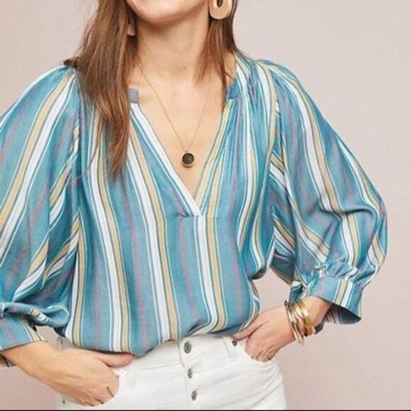 Anthropologie Maeve Striped Brenda Peasant Balloon Sleeve Blouse - Picture 1 of 13